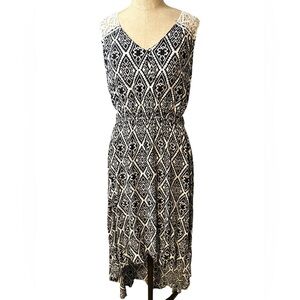 Tanzara Womens High Low Dress Size L Black White Aztec Print Crochet Lace Boho
